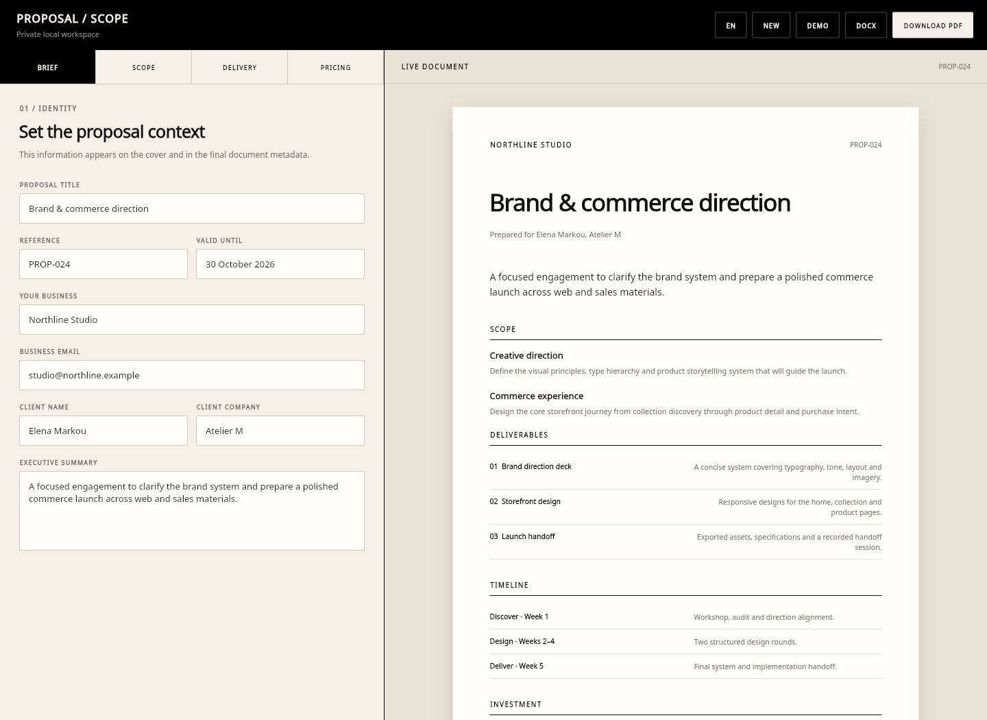 Proposal & Scope Builder — Espacio de trabajo de escritorio