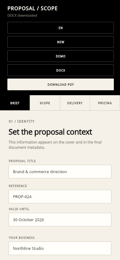 Proposal & Scope Builder — Espacio de trabajo móvil