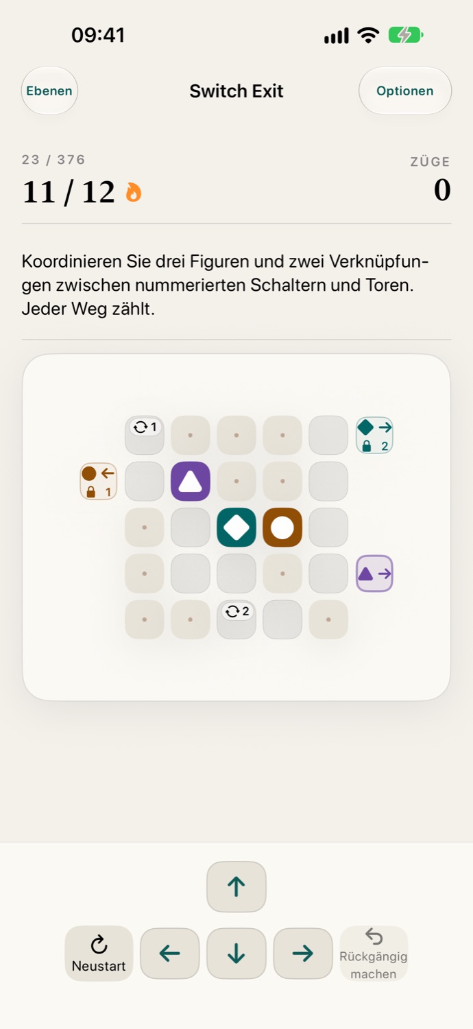 Switch-Exit-Rätselbrett mit Figuren, Toren und passenden Ausgängen