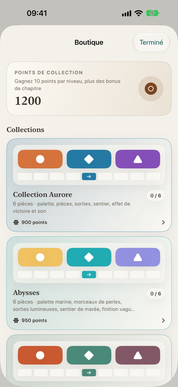 Écran des collections Switch Exit et de leurs récompenses visuelles